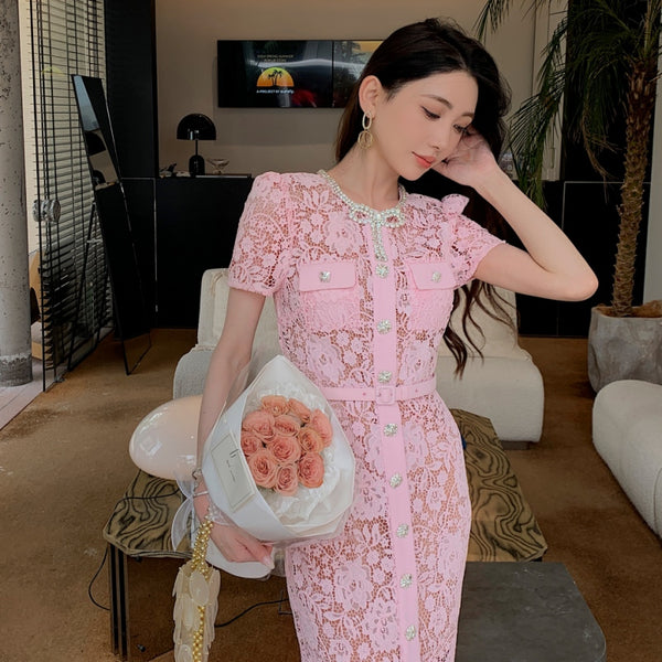 Summer Women Luxury Translucent Bow Front Button Pink Short Sleeve Lace Zippers High Waist Long A Line Dress