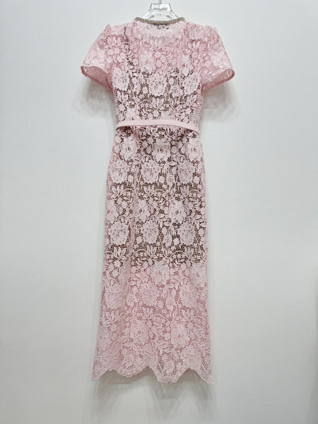 Summer Women Luxury Translucent Bow Front Button Pink Short Sleeve Lace Zippers High Waist Long A Line Dress
