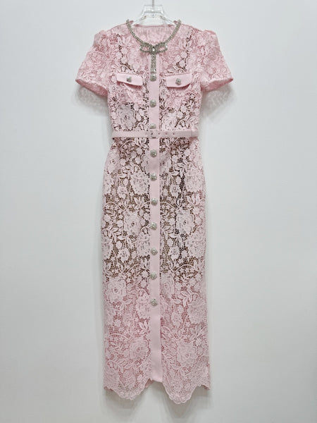 Summer Women Luxury Translucent Bow Front Button Pink Short Sleeve Lace Zippers High Waist Long A Line Dress
