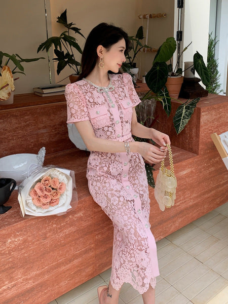 Summer Women Luxury Translucent Bow Front Button Pink Short Sleeve Lace Zippers High Waist Long A Line Dress