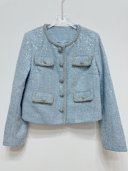 Stylish Elegant Office Ladies Blue Round Neck Long Sleeved Sequined Sequin Coarse Tweed Faux Pearl Buttoned Jacket High Waist A-Line Half Skirt