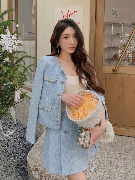 Stylish Elegant Office Ladies Blue Round Neck Long Sleeved Sequined Sequin Coarse Tweed Faux Pearl Buttoned Jacket High Waist A-Line Half Skirt
