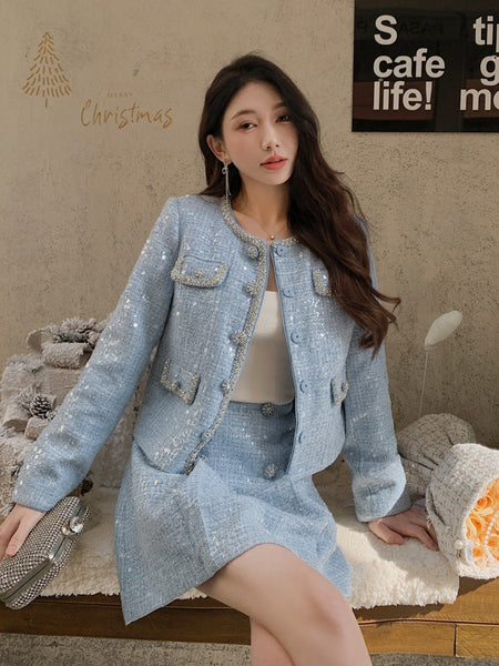 Stylish Elegant Office Ladies Blue Round Neck Long Sleeved Sequined Sequin Coarse Tweed Faux Pearl Buttoned Jacket High Waist A-Line Half Skirt