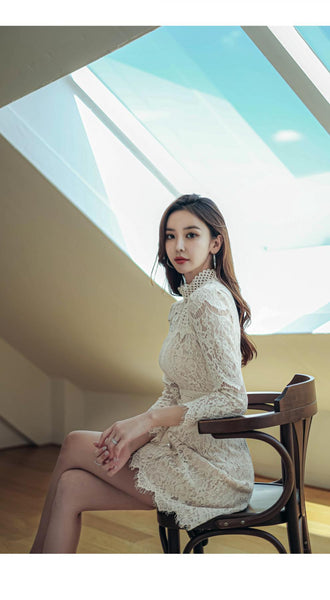 Autumn French Style Temperament Women Stand Collar Hollow Out Sheer Lace Long Sleeve Midi A Line Dress