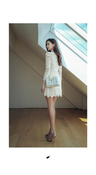 Autumn French Style Temperament Women Stand Collar Hollow Out Sheer Lace Long Sleeve Midi A Line Dress
