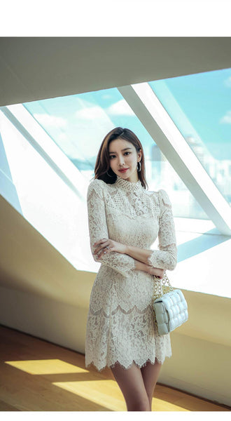 Autumn French Style Temperament Women Stand Collar Hollow Out Sheer Lace Long Sleeve Midi A Line Dress