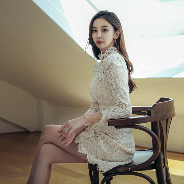 Autumn French Style Temperament Women Stand Collar Hollow Out Sheer Lace Long Sleeve Midi A Line Dress