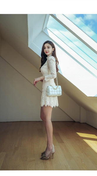 Autumn French Style Temperament Women Stand Collar Hollow Out Sheer Lace Long Sleeve Midi A Line Dress