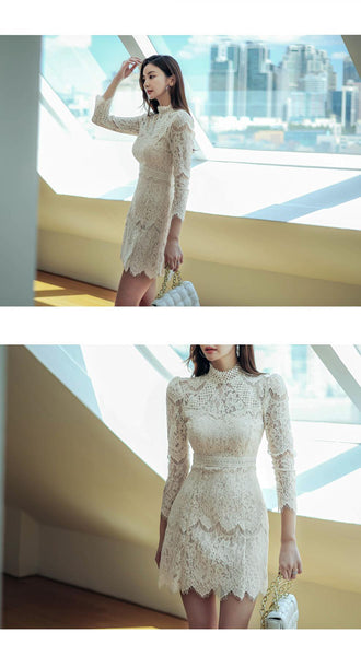 Autumn French Style Temperament Women Stand Collar Hollow Out Sheer Lace Long Sleeve Midi A Line Dress