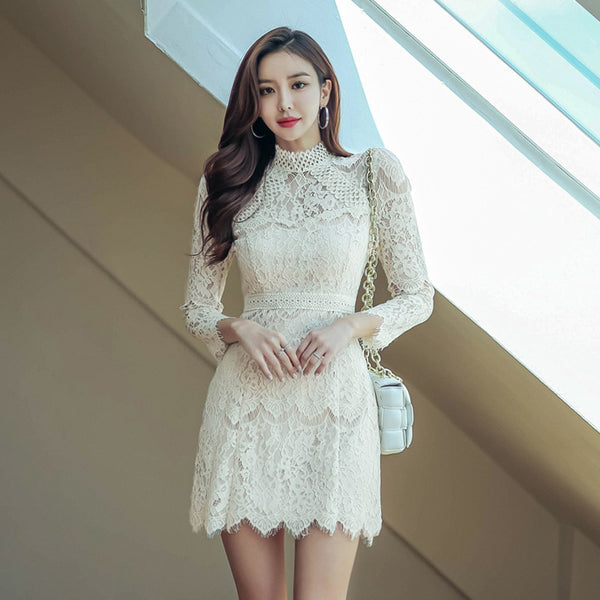Autumn French Style Temperament Women Stand Collar Hollow Out Sheer Lace Long Sleeve Midi A Line Dress