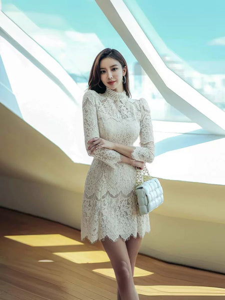 Autumn French Style Temperament Women Stand Collar Hollow Out Sheer Lace Long Sleeve Midi A Line Dress