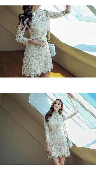 Autumn French Style Temperament Women Stand Collar Hollow Out Sheer Lace Long Sleeve Midi A Line Dress