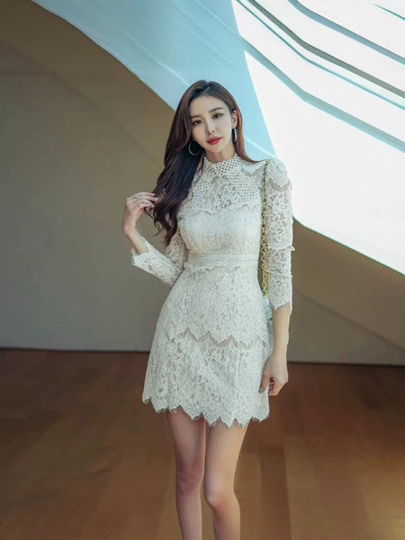 Autumn French Style Temperament Women Stand Collar Hollow Out Sheer Lace Long Sleeve Midi A Line Dress