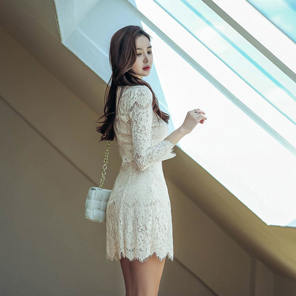Autumn French Style Temperament Women Stand Collar Hollow Out Sheer Lace Long Sleeve Midi A Line Dress