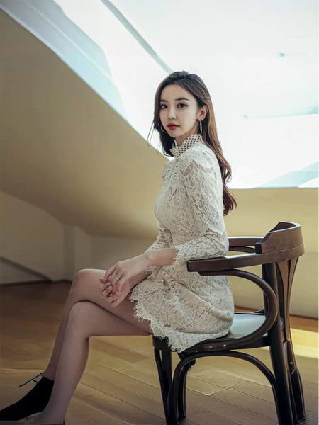 Autumn French Style Temperament Women Stand Collar Hollow Out Sheer Lace Long Sleeve Midi A Line Dress
