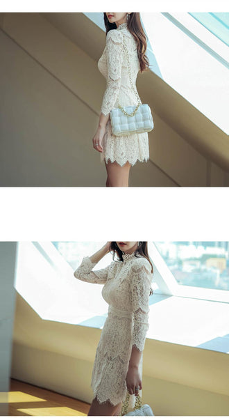 Autumn French Style Temperament Women Stand Collar Hollow Out Sheer Lace Long Sleeve Midi A Line Dress