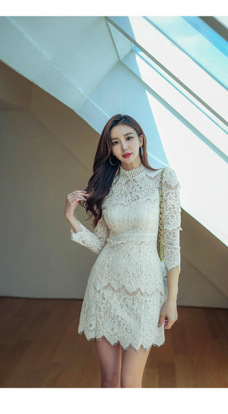 Autumn French Style Temperament Women Stand Collar Hollow Out Sheer Lace Long Sleeve Midi A Line Dress
