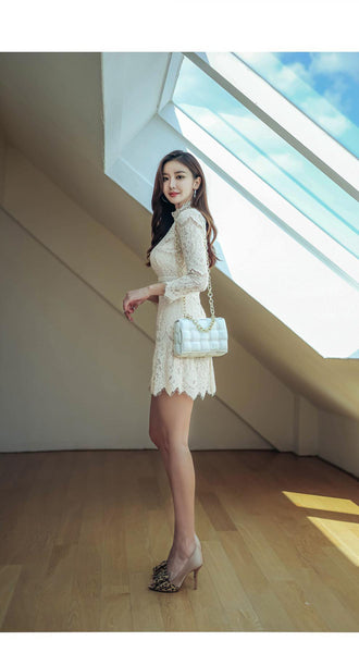 Autumn French Style Temperament Women Stand Collar Hollow Out Sheer Lace Long Sleeve Midi A Line Dress