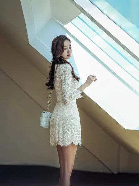 Autumn French Style Temperament Women Stand Collar Hollow Out Sheer Lace Long Sleeve Midi A Line Dress