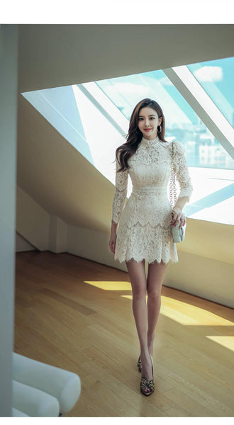 Autumn French Style Temperament Women Stand Collar Hollow Out Sheer Lace Long Sleeve Midi A Line Dress