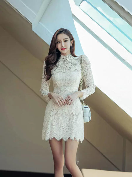Autumn French Style Temperament Women Stand Collar Hollow Out Sheer Lace Long Sleeve Midi A Line Dress