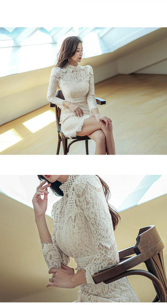 Autumn French Style Temperament Women Stand Collar Hollow Out Sheer Lace Long Sleeve Midi A Line Dress