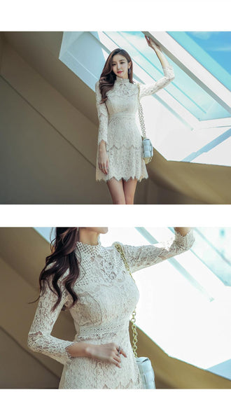 Autumn French Style Temperament Women Stand Collar Hollow Out Sheer Lace Long Sleeve Midi A Line Dress