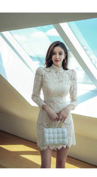 Autumn French Style Temperament Women Stand Collar Hollow Out Sheer Lace Long Sleeve Midi A Line Dress