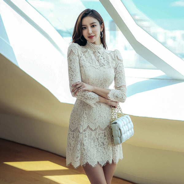 Autumn French Style Temperament Women Stand Collar Hollow Out Sheer Lace Long Sleeve Midi A Line Dress