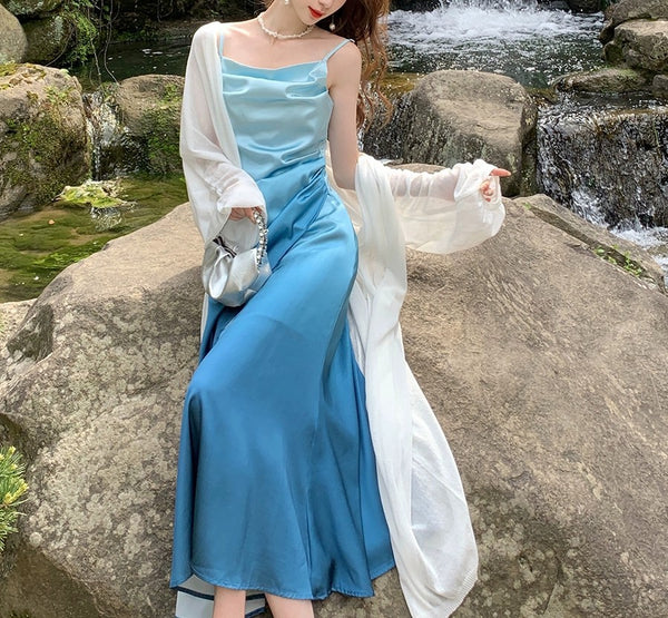 Summer Sweet Women Girly Temperament Sleeveless Side Slit Gradient Pink Color Change Fishtail Robe Waist Maxi Dress