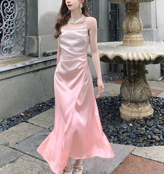 Summer Sweet Women Girly Temperament Sleeveless Side Slit Gradient Pink Color Change Fishtail Robe Waist Maxi Dress