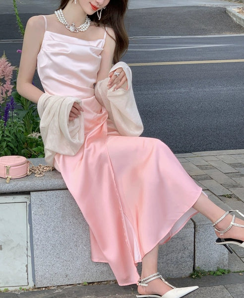 Summer Sweet Women Girly Temperament Sleeveless Side Slit Gradient Pink Color Change Fishtail Robe Waist Maxi Dress