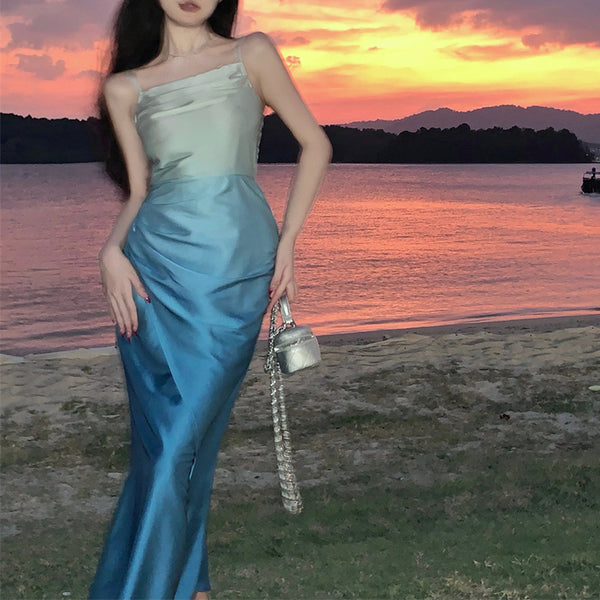 Summer Sweet Women Girly Temperament Sleeveless Side Slit Gradient Pink Color Change Fishtail Robe Waist Maxi Dress