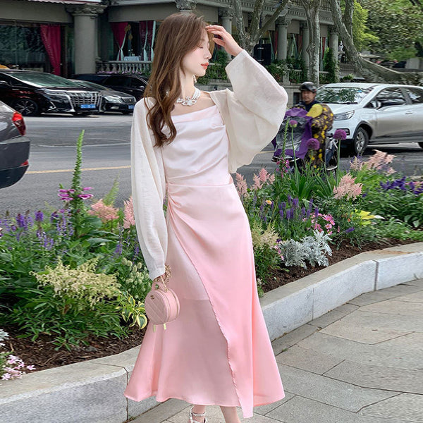 Summer Sweet Women Girly Temperament Sleeveless Side Slit Gradient Pink Color Change Fishtail Robe Waist Maxi Dress