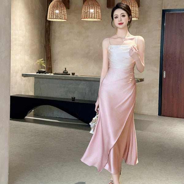 Summer Sweet Women Girly Temperament Sleeveless Side Slit Gradient Pink Color Change Fishtail Robe Waist Maxi Dress
