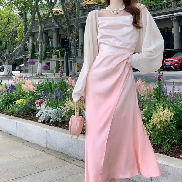 Summer Sweet Women Girly Temperament Sleeveless Side Slit Gradient Pink Color Change Fishtail Robe Waist Maxi Dress