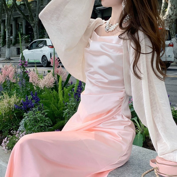 Summer Sweet Women Girly Temperament Sleeveless Side Slit Gradient Pink Color Change Fishtail Robe Waist Maxi Dress