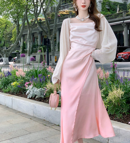 Summer Sweet Women Girly Temperament Sleeveless Side Slit Gradient Pink Color Change Fishtail Robe Waist Maxi Dress