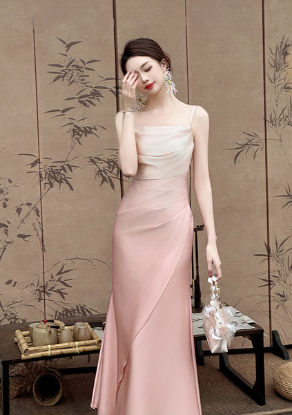 Summer Sweet Women Girly Temperament Sleeveless Side Slit Gradient Pink Color Change Fishtail Robe Waist Maxi Dress