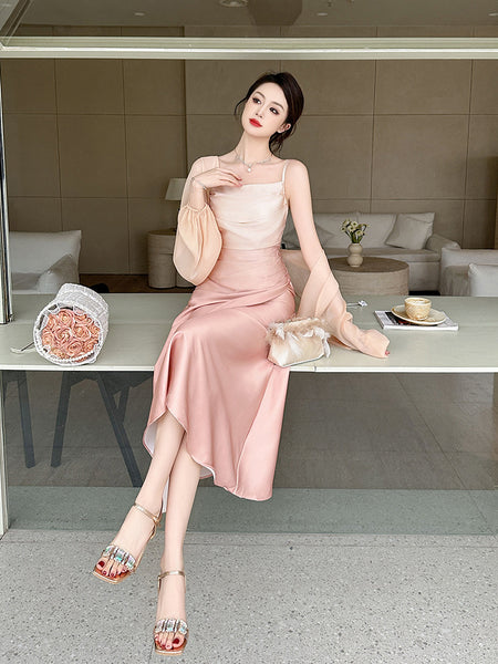 Summer Sweet Women Girly Temperament Sleeveless Side Slit Gradient Pink Color Change Fishtail Robe Waist Maxi Dress