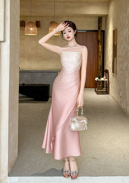 Summer Sweet Women Girly Temperament Sleeveless Side Slit Gradient Pink Color Change Fishtail Robe Waist Maxi Dress
