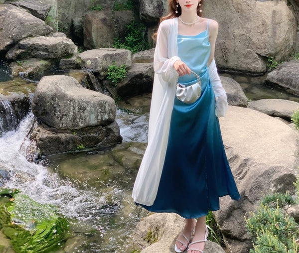 Summer Sweet Women Girly Temperament Sleeveless Side Slit Gradient Pink Color Change Fishtail Robe Waist Maxi Dress