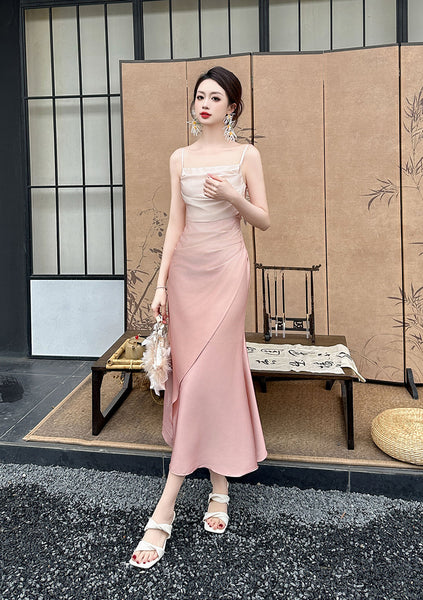 Summer Sweet Women Girly Temperament Sleeveless Side Slit Gradient Pink Color Change Fishtail Robe Waist Maxi Dress