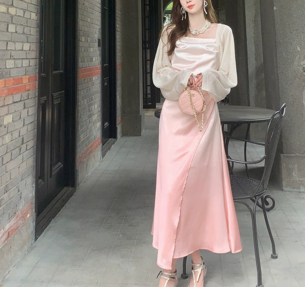 Summer Sweet Women Girly Temperament Sleeveless Side Slit Gradient Pink Color Change Fishtail Robe Waist Maxi Dress