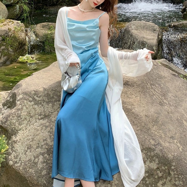 Summer Sweet Women Girly Temperament Sleeveless Side Slit Gradient Pink Color Change Fishtail Robe Waist Maxi Dress