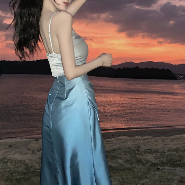 Summer Sweet Women Girly Temperament Sleeveless Side Slit Gradient Pink Color Change Fishtail Robe Waist Maxi Dress