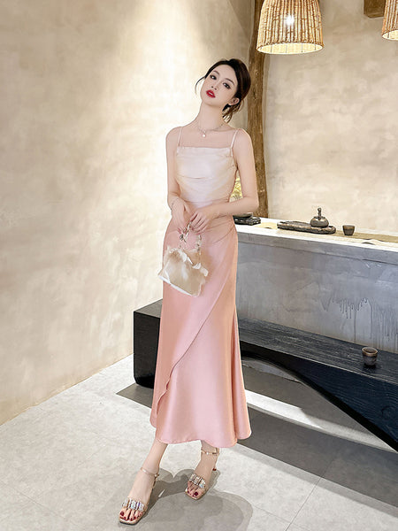 Summer Sweet Women Girly Temperament Sleeveless Side Slit Gradient Pink Color Change Fishtail Robe Waist Maxi Dress