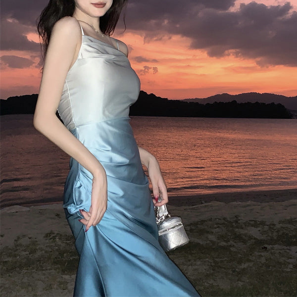 Summer Sweet Women Girly Temperament Sleeveless Side Slit Gradient Pink Color Change Fishtail Robe Waist Maxi Dress