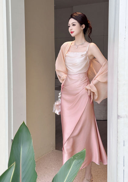 Summer Sweet Women Girly Temperament Sleeveless Side Slit Gradient Pink Color Change Fishtail Robe Waist Maxi Dress