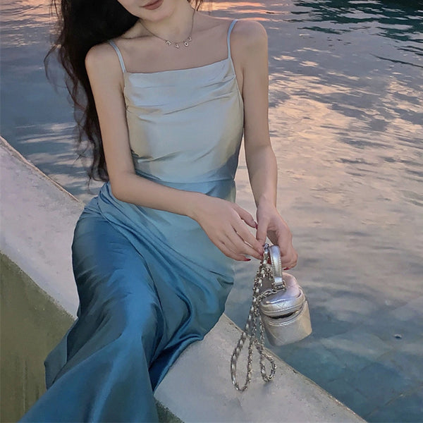 Summer Sweet Women Girly Temperament Sleeveless Side Slit Gradient Pink Color Change Fishtail Robe Waist Maxi Dress